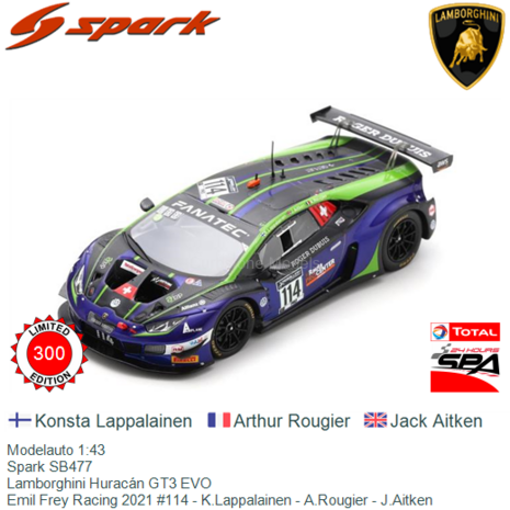 Modelauto 1:43 | Spark SB477 | Lamborghini Huracán GT3 EVO | Emil Frey Racing 2021 #114 - K.Lappalainen - A.Rougier - J.Ai
