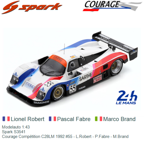 Modelauto 1:43 | Spark S3541 | Courage Compétition C28LM 1992 #55 - L.Robert - P.Fabre - M.Brand