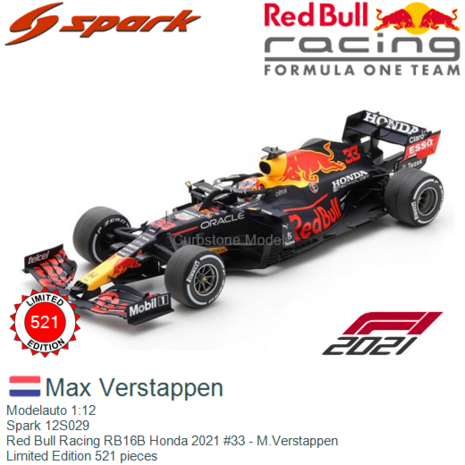 Modelauto 1:12 | Spark 12S029 | Red Bull Racing RB16B Honda 2021 #33 - M.Verstappen