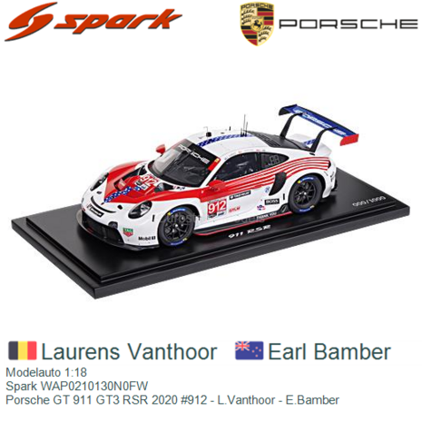 Modelauto 1:18 | Spark WAP0210130N0FW | Porsche GT 911 GT3 RSR 2020 #912 - L.Vanthoor - E.Bamber