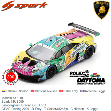 Modelauto 1:18 | Spark 18US009 | Lamborghini Huracán GT3 EVO | GEAR Racing 2020 - R.Frey - T.Calder&#243;n - C.Nielsen