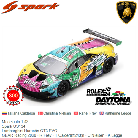 Modelauto 1:43 | Spark US134 | Lamborghini Huracán GT3 EVO | GEAR Racing 2020 - R.Frey - T.Calder&#243;n - C.Nielsen -