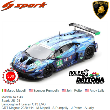 Modelauto 1:43 | Spark US124 | Lamborghini Hurácan GT3 EVO | GRT Magnus 2020 #44 - M.Mapelli - S.Pumpelly - J.Potter - A.L