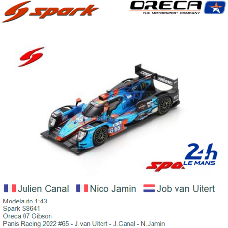 Modelauto 1:43 | Spark S8641 | Oreca 07 Gibson | Panis Racing 2022 #65 - J.van Uitert - J.Canal - N.Jamin