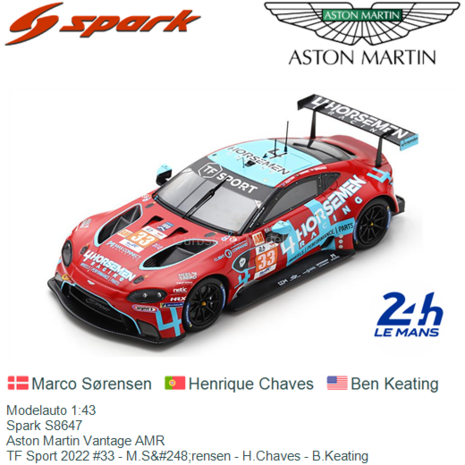 Modelauto 1:43 | Spark S8647 | Aston Martin Vantage AMR | TF Sport 2022 #33 - M.S&#248;rensen - H.Chaves - B.Keating
