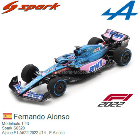 Modelauto 1:43 | Spark S8520 | Alpine F1 A522 2022 #14 - F.Alonso