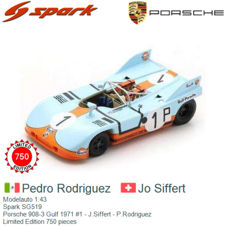 Modelauto 1:43 | Spark SG519 | Porsche 908-3 Gulf 1971 #1 - J.Siffert - P.Rodriguez