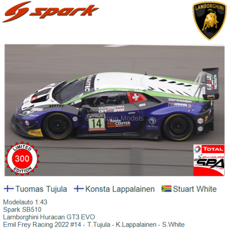 Modelauto 1:43 | Spark SB510 | Lamborghini Huracan GT3 EVO | Emil Frey Racing 2022 #14 - T.Tujula - K.Lappalainen - S.White
