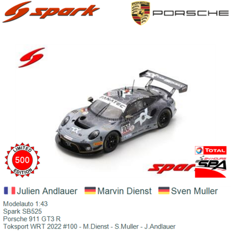 Modelauto 1:43 | Spark SB525 | Porsche 911 GT3 R | Toksport WRT 2022 #100 - M.Dienst - S.Muller - J.Andlauer
