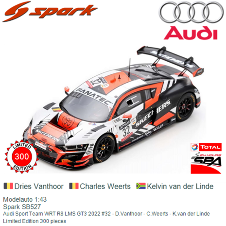Modelauto 1:43 | Spark SB527 | Audi Sport Team WRT R8 LMS GT3 2022 #32 - D.Vanthoor - C.Weerts - K.van der Linde