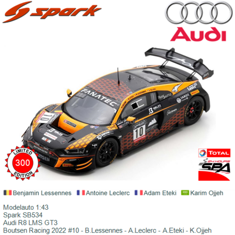 Modelauto 1:43 | Spark SB534 | Audi R8 LMS GT3 | Boutsen Racing 2022 #10 - B.Lessennes - A.Leclerc - A.Eteki - K.Ojjeh