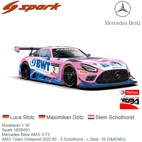 Modelauto 1:18 | Spark 18SB051 | Mercedes Benz AMG GT3 | AMG Team Getspeed 2022 #2 - S.Schothorst - L.Stolz - M.G&#246;tz