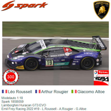 Modelauto 1:18 | Spark 18SB059 | Lamborghini Huracan GT3 EVO | Emil Frey Racing 2022 #19 - L.Roussell - A.Rougier - G.Altoe