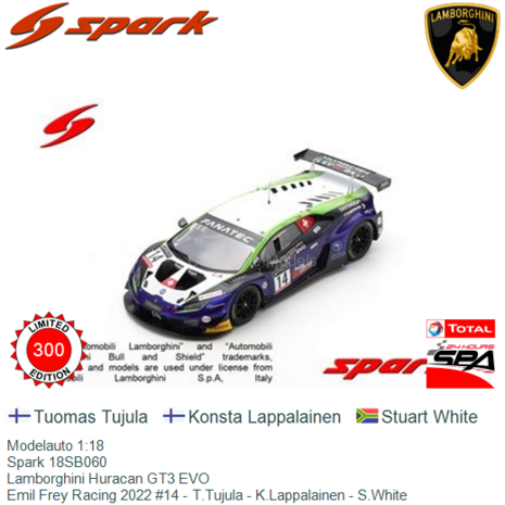 Modelauto 1:18 | Spark 18SB060 | Lamborghini Huracan GT3 EVO | Emil Frey Racing 2022 #14 - T.Tujula - K.Lappalainen - S.White