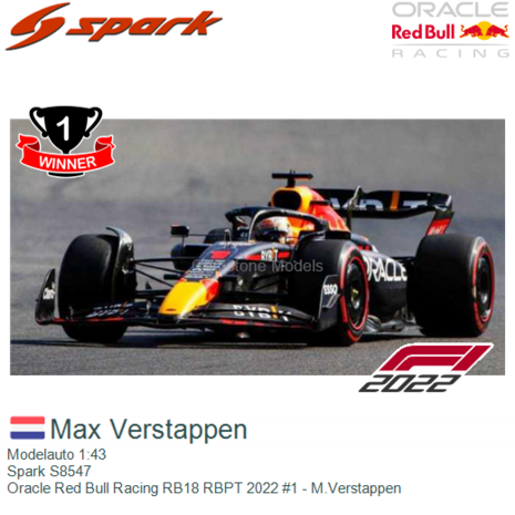 Modelauto 1:43 | Spark S8547 | Oracle Red Bull Racing RB18 RBPT 2022 #1 - M.Verstappen