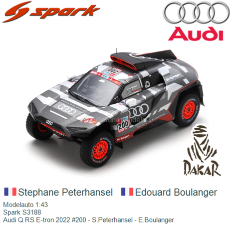 Modelauto 1:43 | Spark S3188 | Audi Q RS E-tron 2022 #200 - S.Peterhansel - E.Boulanger 