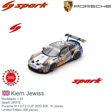 Modelauto 1:43 | Spark UK018 | Porsche 911 GT3 CUP 2022 #26 - K.Jewiss