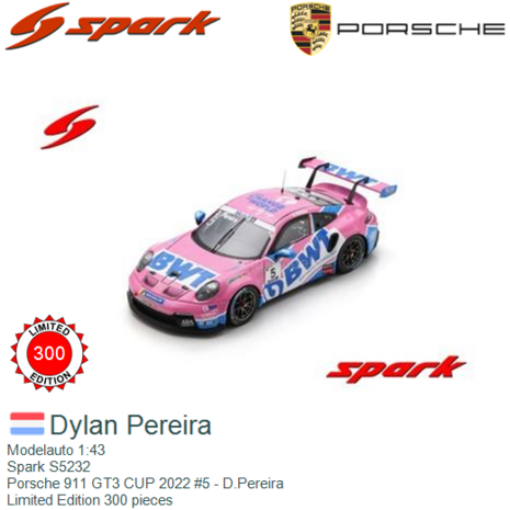 Modelauto 1:43 | Spark S5232 | Porsche 911 GT3 CUP 2022 #5 - D.Pereira