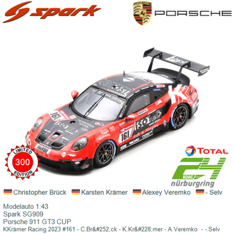 Modelauto 1:43 | Spark SG909 | Porsche 911 GT3 CUP | KKrämer Racing 2023 #161 - C.Br&#252;ck - K.Kr&#228;mer - A.V