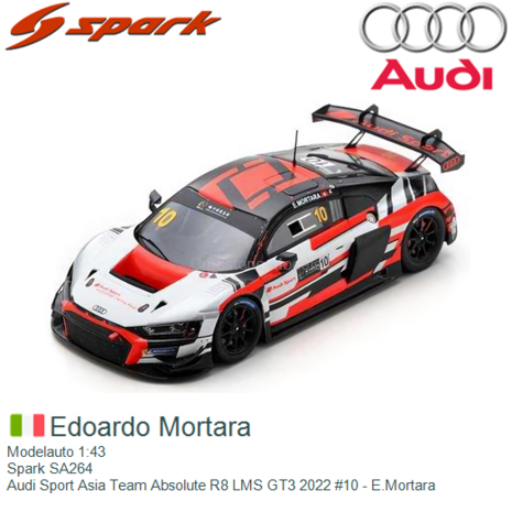 Modelauto 1:43 | Spark SA264 | Audi Sport Asia Team Absolute R8 LMS GT3 2022 #10 - E.Mortara
