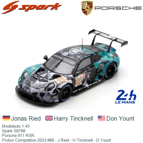 Modelauto 1:43 | Spark S8768 | Porsche 911 RSR | Proton Competition 2023 #88 - J.Ried - H.Tincknell - D.Yount