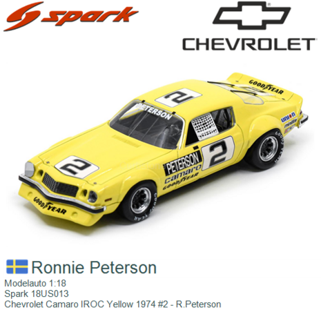 Modelauto 1:18 | Spark 18US013 | Chevrolet Camaro IROC Yellow 1974 #2 - R.Peterson