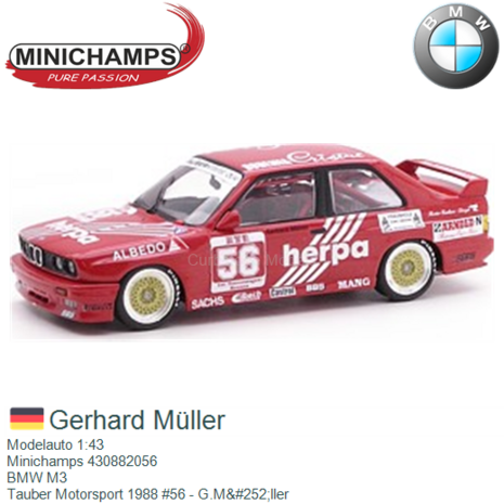 Modelauto 1:43 | Minichamps 430882056 | BMW M3 | Tauber Motorsport 1988 #56 - G.M&#252;ller