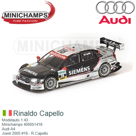 Modelauto 1:43 | Minichamps 400051418 | Audi A4 | Joest 2005 #18 - R.Capello