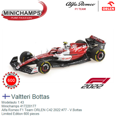 Modelauto 1:43 | Minichamps 417220177 | Alfa Romeo F1 Team ORLEN C42 2022 #77 - V.Bottas