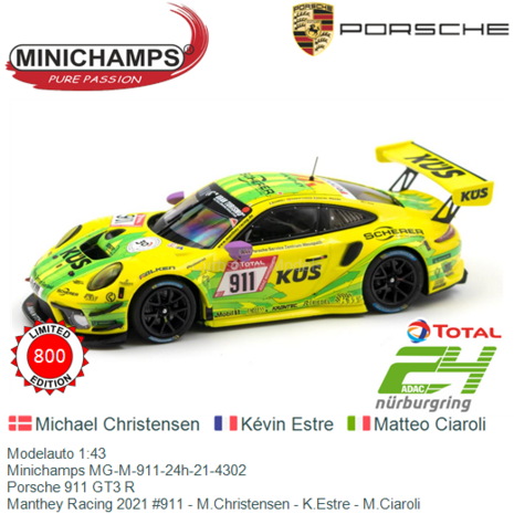 Modelauto 1:43 | Minichamps MG-M-911-24h-21-4302 | Porsche 911 GT3 R | Manthey Racing 2021 #911 - M.Christensen - K.Estre - M.C