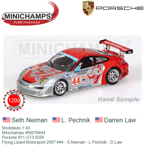 Modelauto 1:43 | Minichamps 400076444 | Porsche 911 GT3 RSR | Flying Lizard Motorsport 2007 #44 - S.Neiman - L.Pechnik - D.Law