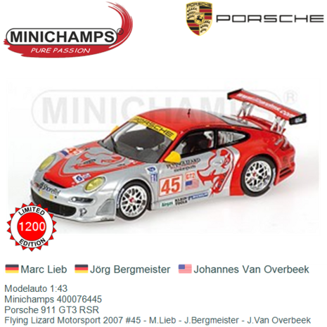 Modelauto 1:43 | Minichamps 400076445 | Porsche 911 GT3 RSR | Flying Lizard Motorsport 2007 #45 - M.Lieb - J.Bergmeister - J.Va