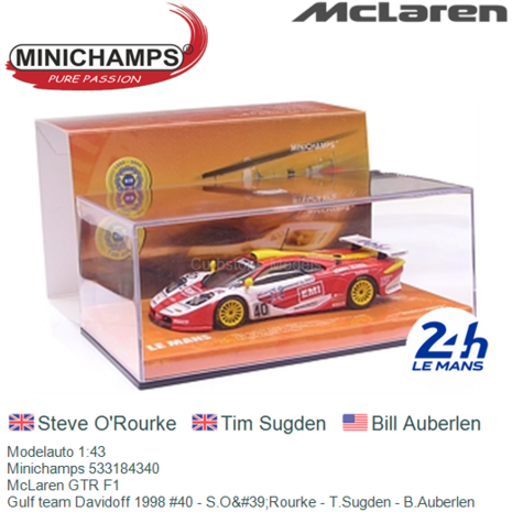 Modelauto 1:43 | Minichamps 533184340 | McLaren GTR F1 | Gulf team Davidoff 1998 #40 - S.O&#39;Rourke - T.Sugden - B.Auberl