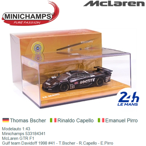 Modelauto 1:43 | Minichamps 533184341 | McLaren GTR F1 | Gulf team Davidoff 1998 #41 - T.Bscher - R.Capello - E.Pirro