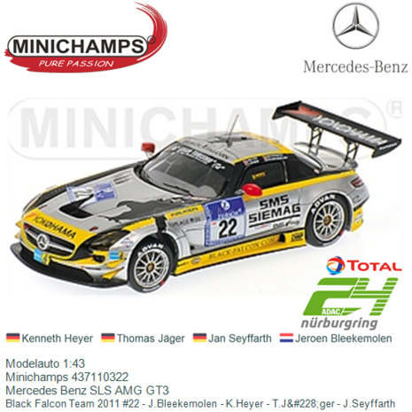 Modelauto 1:43 | Minichamps 437110322 | Mercedes Benz SLS AMG GT3 | Black Falcon Team 2011 #22 - J.Bleekemolen - K.Heyer - T.J&