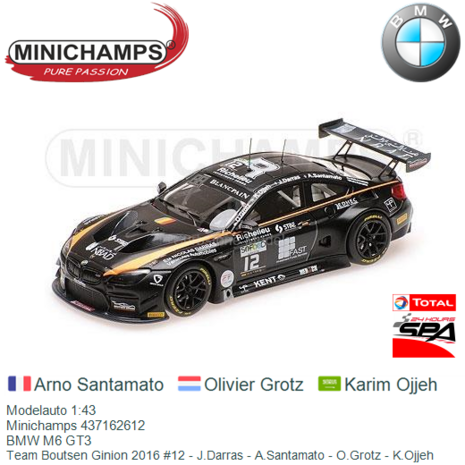 Modelauto 1:43 | Minichamps 437162612 | BMW M6 GT3 | Team Boutsen Ginion 2016 #12 - J.Darras - A.Santamato - O.Grotz - K.Ojjeh