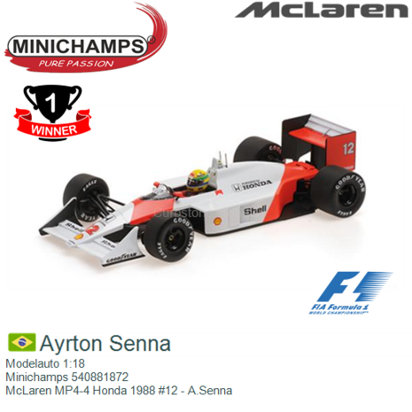 Modelauto 1:18 | Minichamps 540881872 | McLaren MP4-4 Honda 1988 #12 - A.Senna