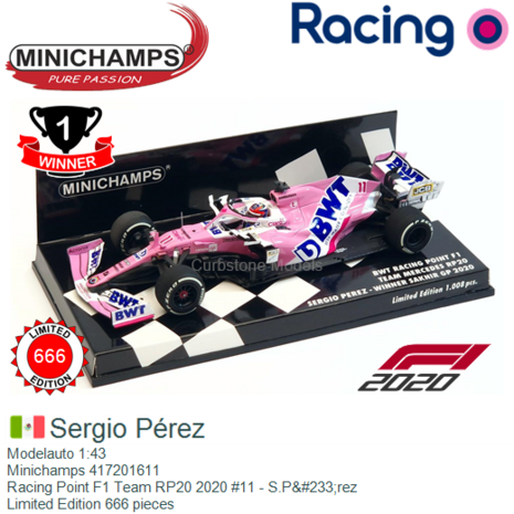 Modelauto 1:43 | Minichamps 417201611 | Racing Point F1 Team RP20 2020 #11 - S.P&#233;rez