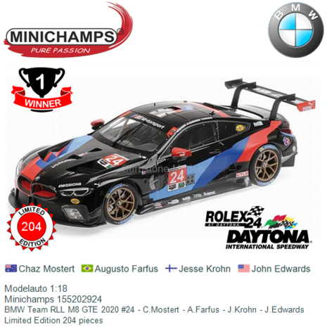 Modelauto 1:18 | Minichamps 155202924 | BMW Team RLL M8 GTE 2020 #24 - C.Mostert - A.Farfus - J.Krohn - J.Edwards