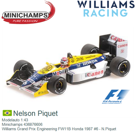 Modelauto 1:43 | Minichamps 436876606 | Williams Grand Prix Engineering FW11B Honda 1987 #6 - N.Piquet