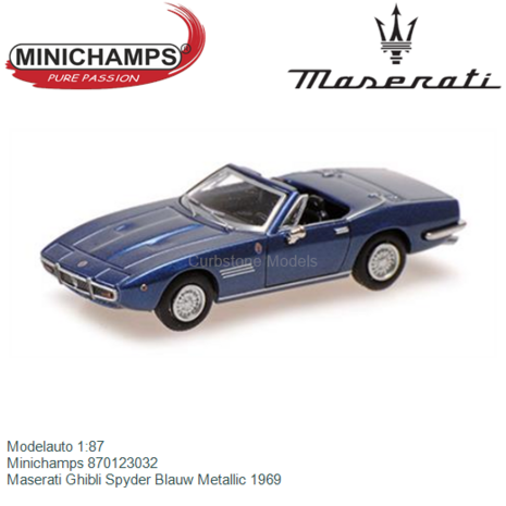 Modelauto 1:87 | Minichamps 870123032 | Maserati Ghibli Spyder Blauw Metallic 1969