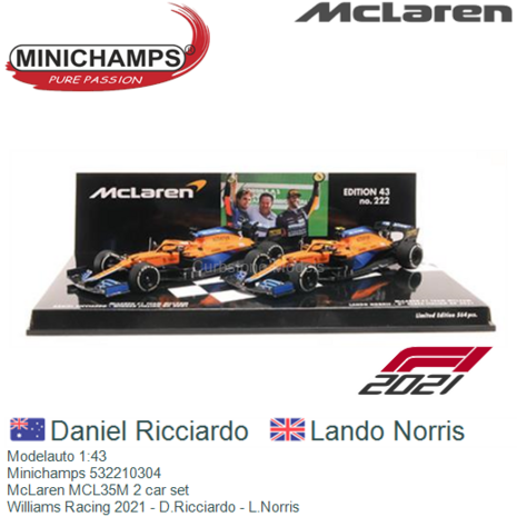 Modelauto 1:43 | Minichamps 532210304 | McLaren MCL35M 2 car set | Williams Racing 2021 - D.Ricciardo - L.Norris