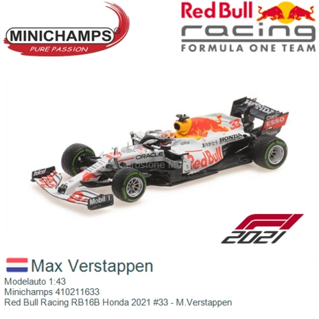 Modelauto 1:43 | Minichamps 410211633 | Red Bull Racing RB16B Honda 2021 #33 - M.Verstappen