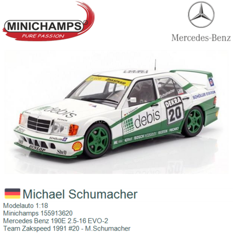 Modelauto 1:18 | Minichamps 155913620 | Mercedes Benz 190E 2.5-16 EVO-2 | Team Zakspeed 1991 #20 - M.Schumacher
