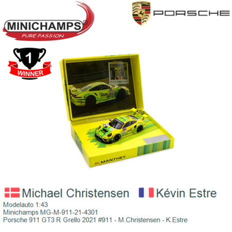 Modelauto 1:43 | Minichamps MG-M-911-21-4301 | Porsche 911 GT3 R Grello 2021 #911 - M.Christensen - K.Estre