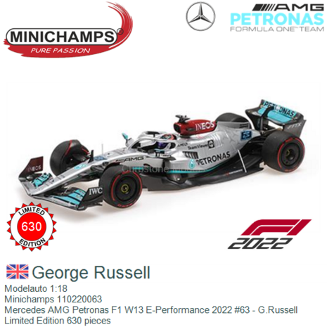 Modelauto 1:18 | Minichamps 110220063 | Mercedes AMG Petronas F1 W13 E-Performance 2022 #63 - G.Russell