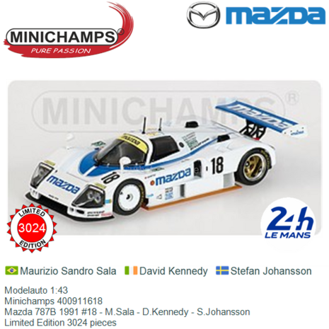Modelauto 1:43 | Minichamps 400911618 | Mazda 787B 1991 #18 - M.Sala - D.Kennedy - S.Johansson