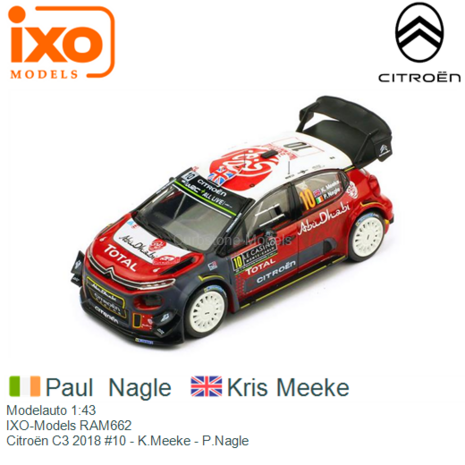 Modelauto 1:43 | IXO-Models RAM662 | Citroën C3 2018 #10 - K.Meeke - P.Nagle