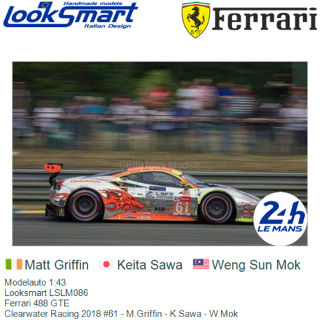 Modelauto 1:43 | Looksmart LSLM086 | Ferrari 488 GTE | Clearwater Racing 2018 #61 - M.Griffin - K.Sawa - W.Mok