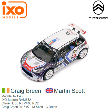 Modelauto 1:43 | IXO-Models RAM652 | Citroën DS3 R5 WRC RC2 | Craig Breen 2016 #7 - M.Scott - C.Breen